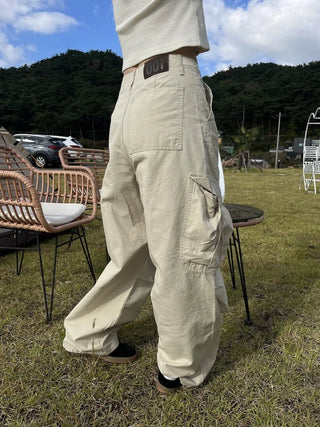 OOTJ/OOT Big Pocket Snap Button Bio-Washed Wide Cargo Pants