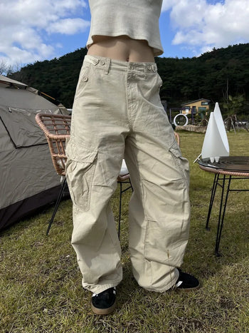 OOTJ/OOT Big Pocket Snap Button Bio-Washed Wide Cargo Pants