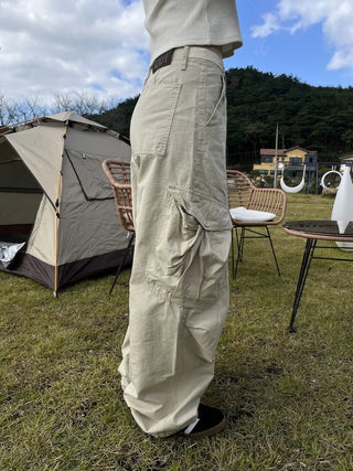 OOTJ/OOT Big Pocket Snap Button Bio-Washed Wide Cargo Pants