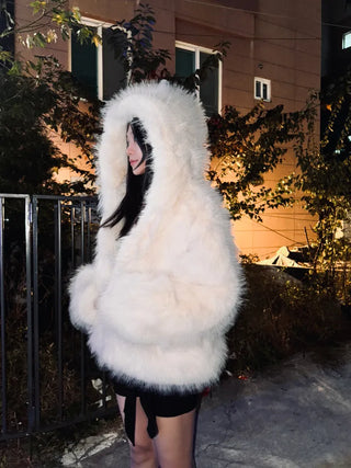 Hooded White Snow Overfit Faux Fur Jacket