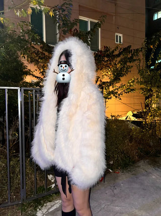 Hooded White Snow Overfit Faux Fur Jacket