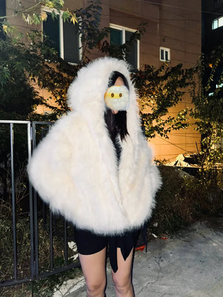 Hooded White Snow Overfit Faux Fur Jacket