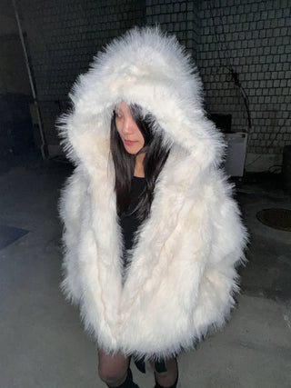 Hooded White Snow Overfit Faux Fur Jacket