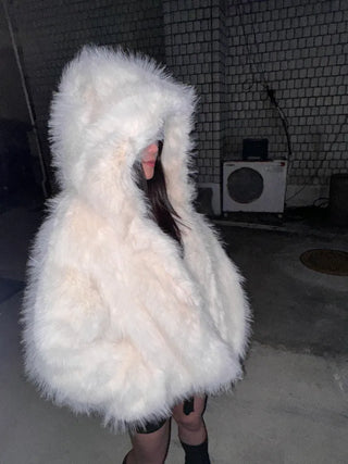 Hooded White Snow Overfit Faux Fur Jacket
