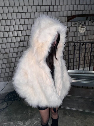 Hooded White Snow Overfit Faux Fur Jacket