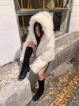 Hooded White Snow Overfit Faux Fur Jacket