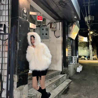 Hooded White Snow Overfit Faux Fur Jacket
