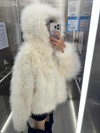 Hooded White Snow Overfit Faux Fur Jacket