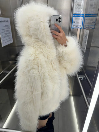 Hooded White Snow Overfit Faux Fur Jacket