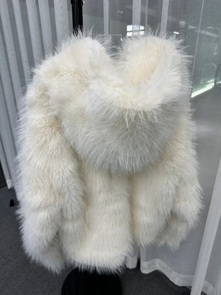 Hooded White Snow Overfit Faux Fur Jacket