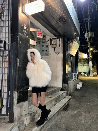 Hooded White Snow Overfit Faux Fur Jacket