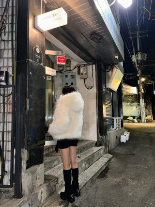 Hooded White Snow Overfit Faux Fur Jacket