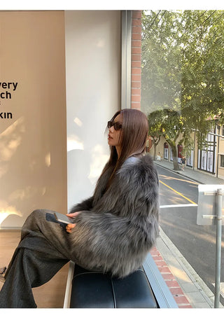 Dark gray loose-fit mink fur jacket