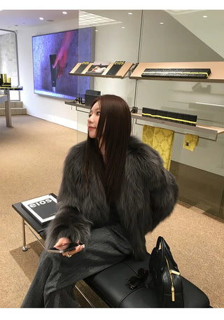 Dark gray loose-fit mink fur jacket