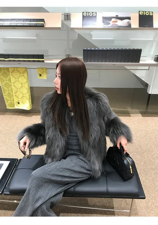 Dark gray loose-fit mink fur jacket