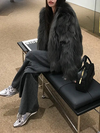 Dark gray loose-fit mink fur jacket