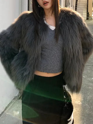 Dark gray loose-fit mink fur jacket