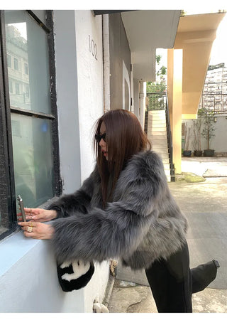 Dark gray loose-fit mink fur jacket