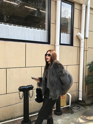 Dark gray loose-fit mink fur jacket