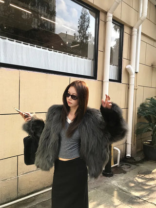 Dark gray loose-fit mink fur jacket