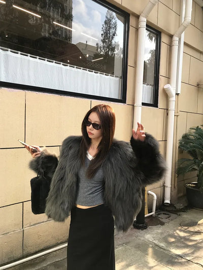 Dark gray loose-fit mink fur jacket
