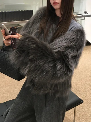 Dark gray loose-fit mink fur jacket