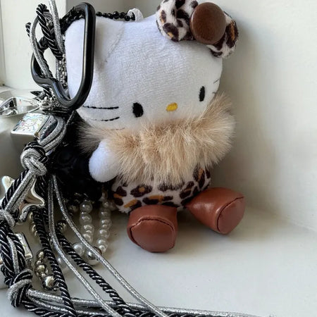 Fur Hopi Leopard Kitty Cat Brown Black Bag Keyring Cell Phone Accessory Keychain Decoration