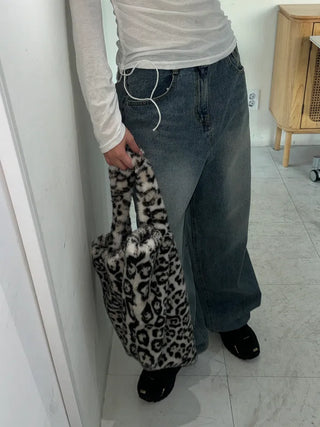 Leopard print mink fur eco bag