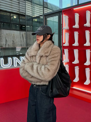 Two-tone collar mink crop fur jacket