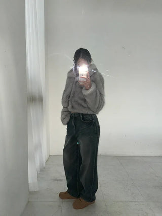 Two-tone collar mink crop fur jacket