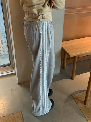 fleece-added lace wide jogger string line training pants