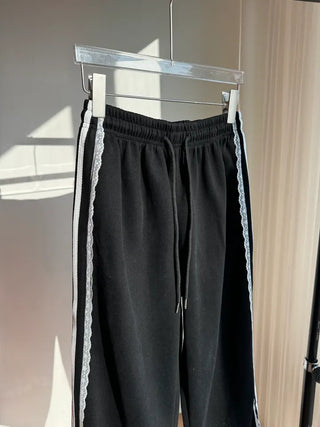 fleece-added lace wide jogger string line training pants