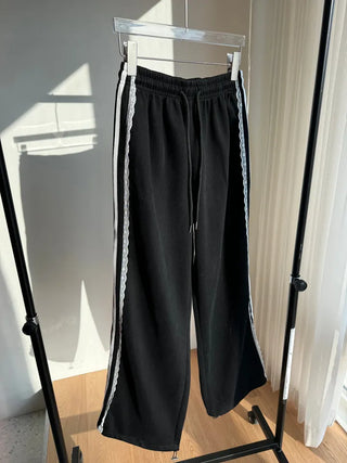 fleece-added lace wide jogger string line training pants