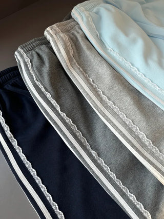 fleece-added lace wide jogger string line training pants