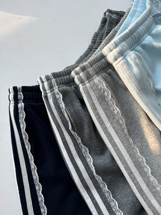 fleece-added lace wide jogger string line training pants