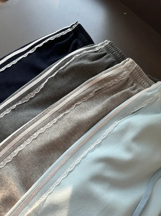 fleece-added lace wide jogger string line training pants