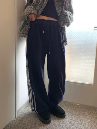 fleece-added lace wide jogger string line training pants