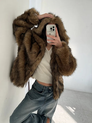 hooded overfit fox fur jacket