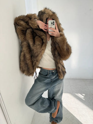 hooded overfit fox fur jacket