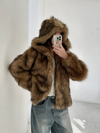 hooded overfit fox fur jacket