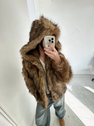 hooded overfit fox fur jacket