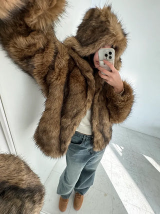 hooded overfit fox fur jacket