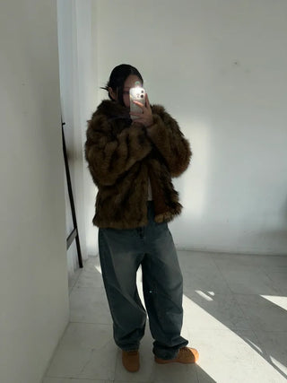 hooded overfit fox fur jacket