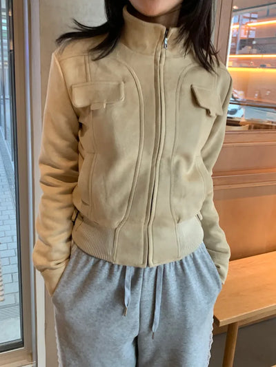 Suede Pocket Utility Outerwear Zip-Up Jacket