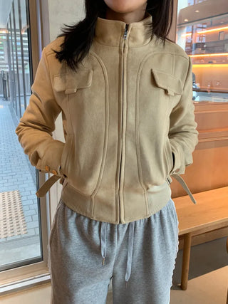 Suede Pocket Utility Outerwear Zip-Up Jacket