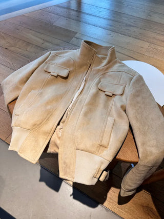 Suede Pocket Utility Outerwear Zip-Up Jacket