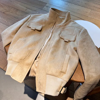 Suede Pocket Utility Outerwear Zip-Up Jacket