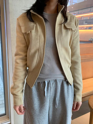 Suede Pocket Utility Outerwear Zip-Up Jacket