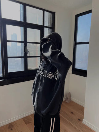 old lettering chrome dirty washing fleece hooded overfit hooded zip-up
