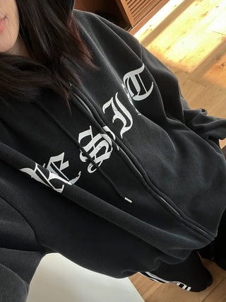 old lettering chrome dirty washing fleece hooded overfit hooded zip-up